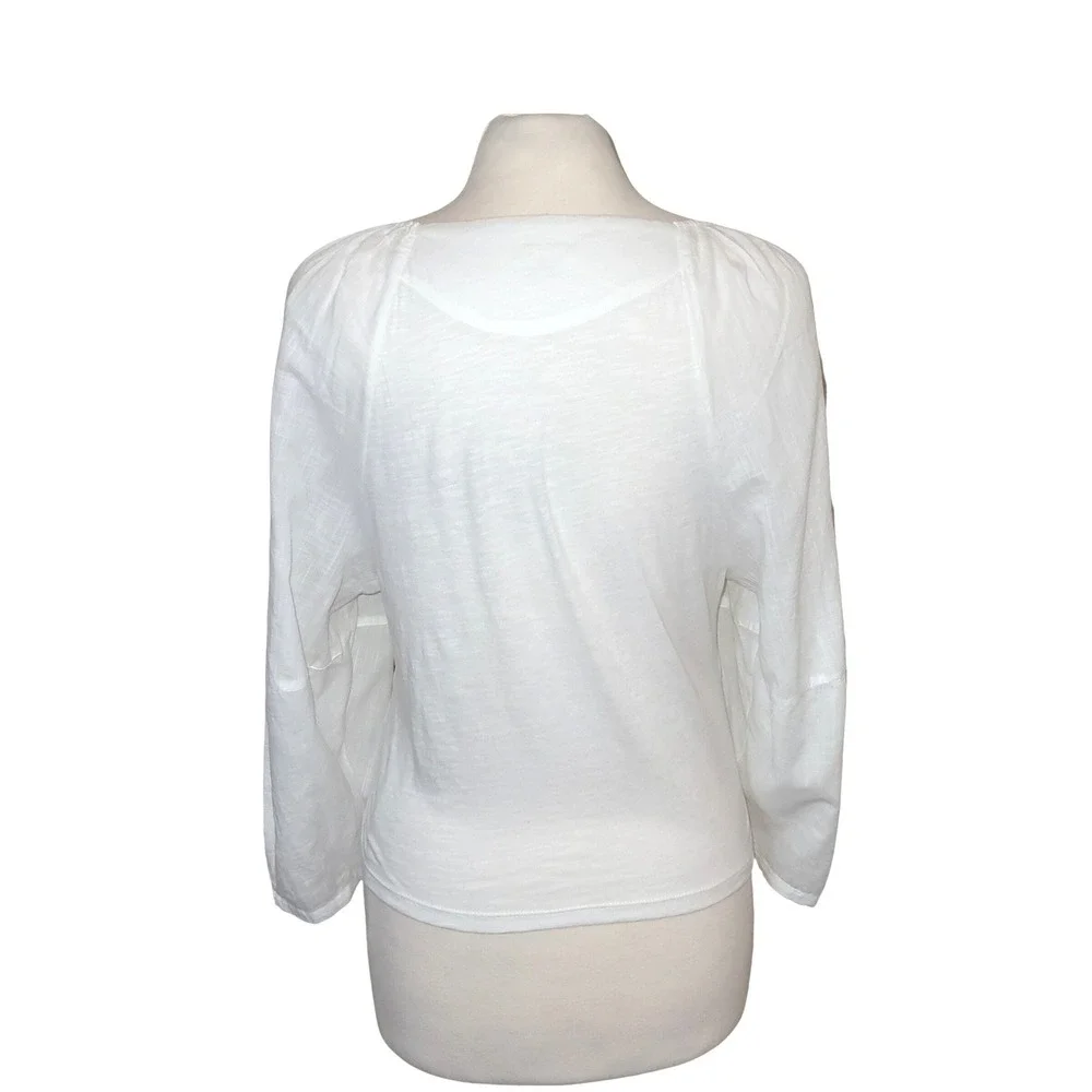 Anthropologie White Corset Ruched Deep V-Neck Peasant Boho Long Sleeve Blouse L